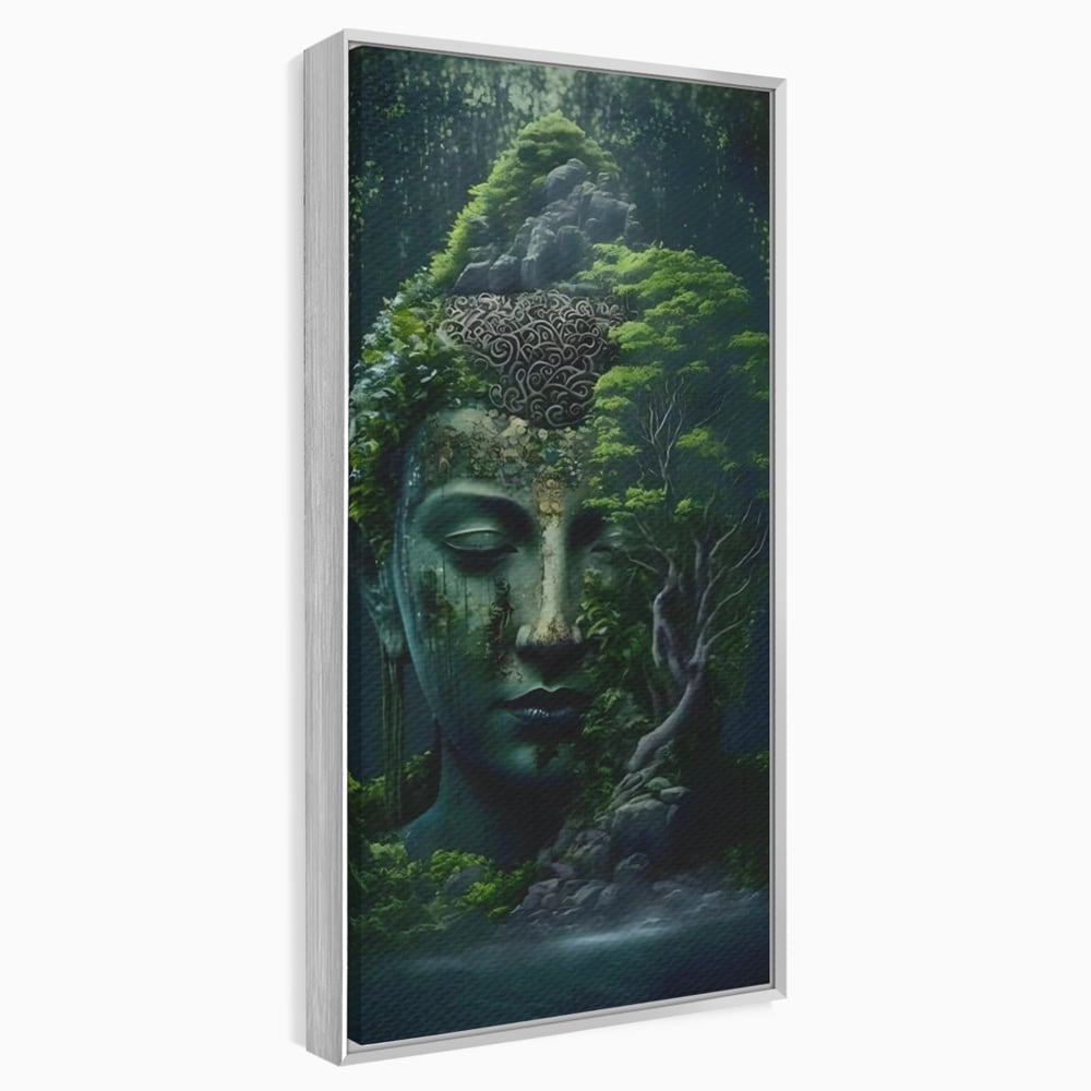 Tablou canvas cu tablou canvas cu cap de buddha imbracat in vegetatie, in rama de aluminiu argintiu